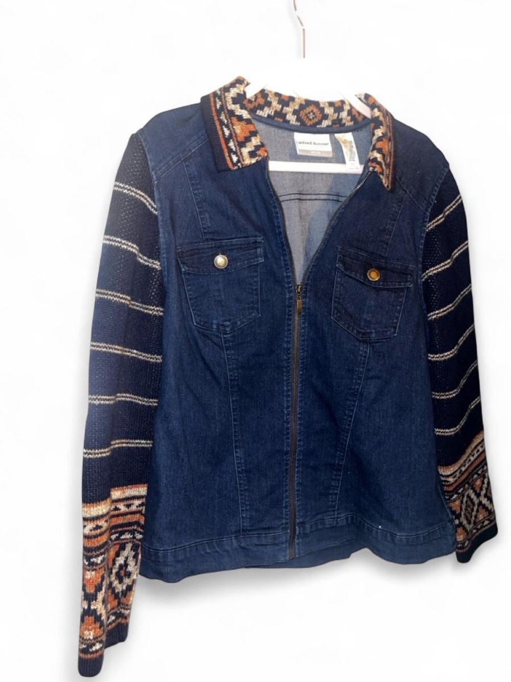 Alfred Dunner Indigo Denim Jacket with Patterned Knit Sleeves